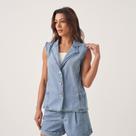 Colete Jeans Alongado Gola e Botões Frontais Azul