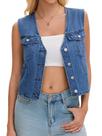 Colete jeans CIMUK feminino com decote em V, sem mangas, cortado, azul Colete jeans CIMUK feminino com decote em V, sem mangas, cortado, azul