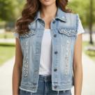 Colete Jeans Feminino Destroyed Com Perolas Moda Feminina