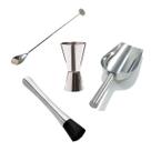 Colher Bailarina+Dosador Duplo+Macerador+Pá Gelo Inox Drinks Colher Bailarina+Dosador Duplo+Macerador+Pá Gelo Inox Drinks