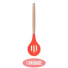 Colher de Silicone Vazada Vermelho Cabo Bambu Resistente