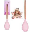 Colher multiuso de silicone rosa cabo madeira 32x6,5cm na cartela