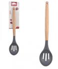 Colher Vazada De Silicone Grafite Cabo Madeira 32 cm - Well
