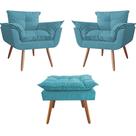 Combo 02 Poltronas decorativas mais um Puff Opalla Pés Palito Azul Turquesa - DS Estofados