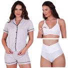 Combo Amamentação Pijama Botão Brenda + Sutiã Amamentação Liso + Calcinha Pós Parto Thamires