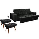 Combo de Sofá 3 Lugares Itália Plus 2,10m Retrátil Reclinável com 2 Puffs Pés Palito Suede Preto -Sofá na Web
