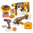 Combo Ingco 3 Em 1 20V Parafusadeira Esmerilhadeira Martelete Com 2 Baterias 4ah