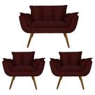 Combo Namoradeira e 2 Poltronas Estofadas Salão de Beleza Opala Suede Vermelho Bordo - LM DECOR