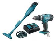 Combo parafusadeira furadeira 18v e aspirador pó à bateria makita