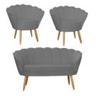 Combo Pétala Namoradeira e 2 Poltronas Decorativa Estofada Suede Cinza - LM DECOR