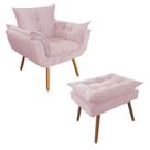 Combo Poltrona Decorativa Opalla Mais Puff Pés Palito Suede Rosê - DS Estofados