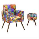 Combo Poltrona Nina Com Rodapé E Puff Redondo Pés Madeira Suede Patchwork - Sa Móveis