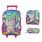 Combo Unicórnio com Mochila Holográfica, Lancheira e Estojo Escolar
