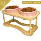Comedouro Colorido Cães E Gatos Elevado Ergonomico Duplo Em Porcelana Branco Rosa Verde