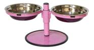 Comedouro Pequeno Duplo Inox Altura Regulável Cães e Gatos Rosa
