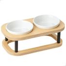Comedouro Pet Elevado P Duplo Em Madeira E Porcelana Marrom Claro