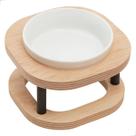 Comedouro Pet Simples P Duplo Em Madeira E Porcelana Marrom Claro