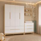 Cômoda 3 gavetas com Painel e Guarda Roupa 4 Portas e 4 gavetas Linha Tomi MDF