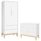 Cômoda 6 Gavetas E Guarda Roupa 2 Portas New Classic Branco Com Pés Madeira Natural- Reller