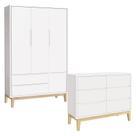 Cômoda 6 Gavetas e Guarda Roupa 3 Portas New Classic Branco com Pés Madeira Natural Reller Cômoda 6 Gavetas e Guarda Roupa 3 Portas New Classic Branco com Pés Madeira Natural Reller