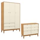 Cômoda 6 Gavetas e Guarda Roupa Unique 3 Portas Freijó Off White Eco Wood - Matic