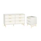 Cômoda 6 Gavetas e Mesa de Cabeceira Yves Off White Dourado
