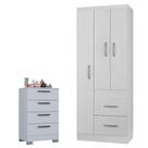 Cômoda 867 4 Gavetas com Guarda Roupa Solteiro Milão 3 Portas Branco Brilho - Poquema