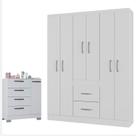 Cômoda 868 4 Gavetas e 1 Porta com Guarda Roupa Casal Milão 6 Portas Branco Brilho - Poquema