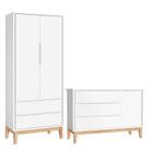 Cômoda com Porta e Guarda Roupa Infantil 2 Portas New Classic Branco com Pés Madeira Natural Reller