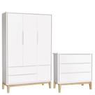Cômoda Gaveteiro E Guarda Roupa Infantil 3 Portas New Classic Branco Com Pés Madeira Natural - Reller