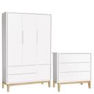 Cômoda Gaveteiro e Guarda Roupa Infantil 3 Portas New Classic Branco com Pés Madeira Natural - Reller