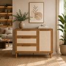 Cômoda Multiuso MDF com Palhinha Natural e Pés Madeira Cor Louro Freijó com Nogueira