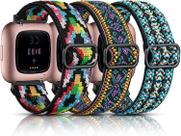 Compatível com Fitbit Versa e Fitbit Versa 2 pulseiras para mulheres e homens, pacote com 3 faixas elásticas de nylon elástico acessórios para relógio inteligente Fitbit Versa 2, verde boho/roxo boho/cor boho