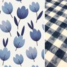 Composê Tecido Tricoline Tulipa Azul x Xadrez Mônaco Azul 0,50 x 1,50 mt