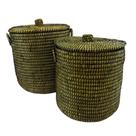 Conj 02 Cestos Redondo Rattan Verde c Tampa e Alça Impecavel