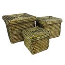 Conj 03 Cestos Quadrado Rattan c Tampa Verde Conj 03 Cestos Quadrado Rattan c Tampa Verde