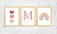 Conj 3 Quadros Infantil Quarto Bebê Menina Nome Rosê Floral Arco Íris e Corações Conj 3 Quadros Infantil Quarto Bebê Menina Nome Rosê Floral Arco Íris e Corações