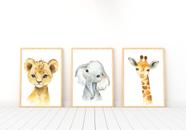 Conj 3 Quadros Infantil Quarto Bebê Menino Animais Safari Leão Girafa Conj 3 Quadros Infantil Quarto Bebê Menino Animais Safari Leão Girafa