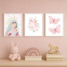 Conj 3 Quadros Infantil Quarto Bebê Nossa Senhora Borboletas Flores 24x33 c Vidro