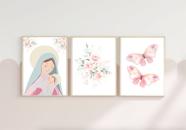 Conj 3 Quadros Infantil Quarto de Bebê Nossa Senhora Floral e Borboletas A4