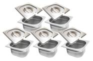 CONJ 5 CUBAS Gastronômicas Em INOX GN 1/6x65 mm 1 Litro + 5 TAMPAS 1/6 Em INOX COM ABERTURA Para Colher e Afins ZAHAV