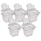 CONJ 5 CUBAS Gastronômicas Em POLICARBONATO GN 1/6X100 mm 1,5 Litros + 5 TAMPAS 1/6 Em POLI Com FLIP, DOBRADIÇA e ABERTURA Para COLHER SB