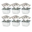 CONJ 6 CUBAS Gastronômicas Em INOX GN 1/6x100 mm 1,5 Litros + 6 TAMPAS 1/6 Em INOX Com ABERTURA Para Colher ZAHAV