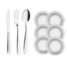 Conj 6 Pratos Diamante Fundo 18 Talheres Inox Refeição