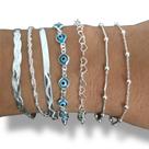 Conj. 7 Pulseiras Prata 925 Fios Bola Olho Grego Laminada