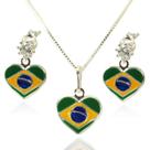 Conj. Colar Brinco Zirconia Bandeira Brasil Coração Prata925