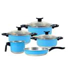 Conj de Panelas Completo 5 Pçs de Alumínio c/ Tampa de Vidro Cabos Reforçados em Baquelite