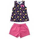 Conj. menina verão bata pássaros e shorts rosa pipa - tam. 4