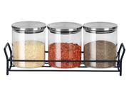 Conj Trio Potes Porta Condimentos Em Vidro Borossilicato Tampa Em Inox Com Suporte De Metal Mesa Posta Servir Temperos Nozes Amêndoas