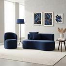 Conjunto 01 Poltrona + Sofá Curvo Orgânico Nature Gaia Veludo Azul Marinho - Montanaris Decor